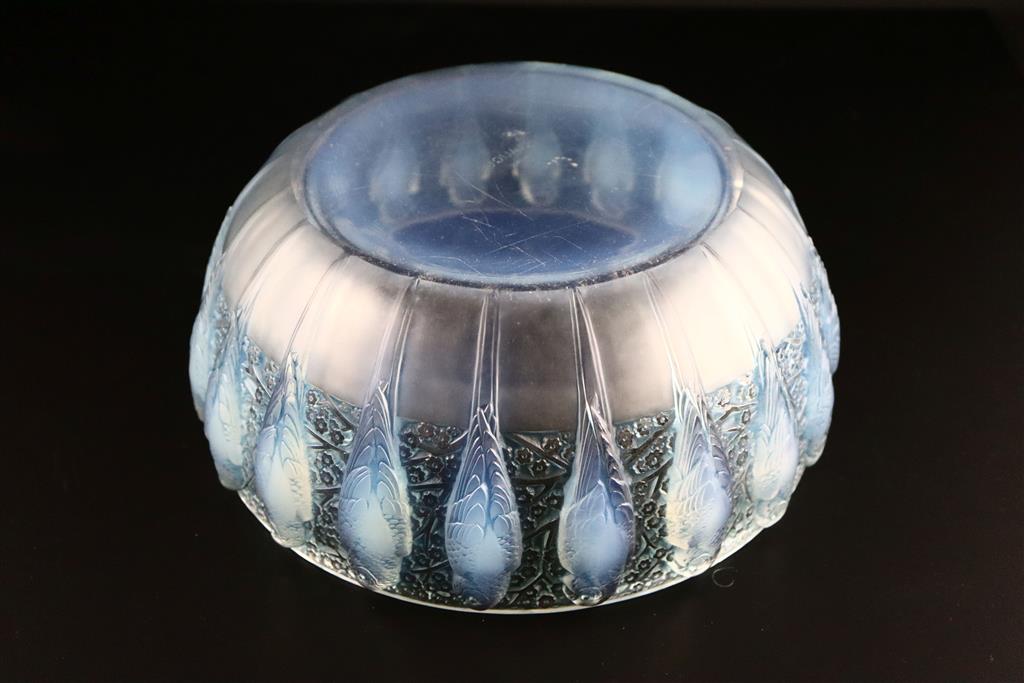 René Lalique. A pre-war opalescent glass Perruches pattern bowl, no.491, designed in 1931, 25cm diameter